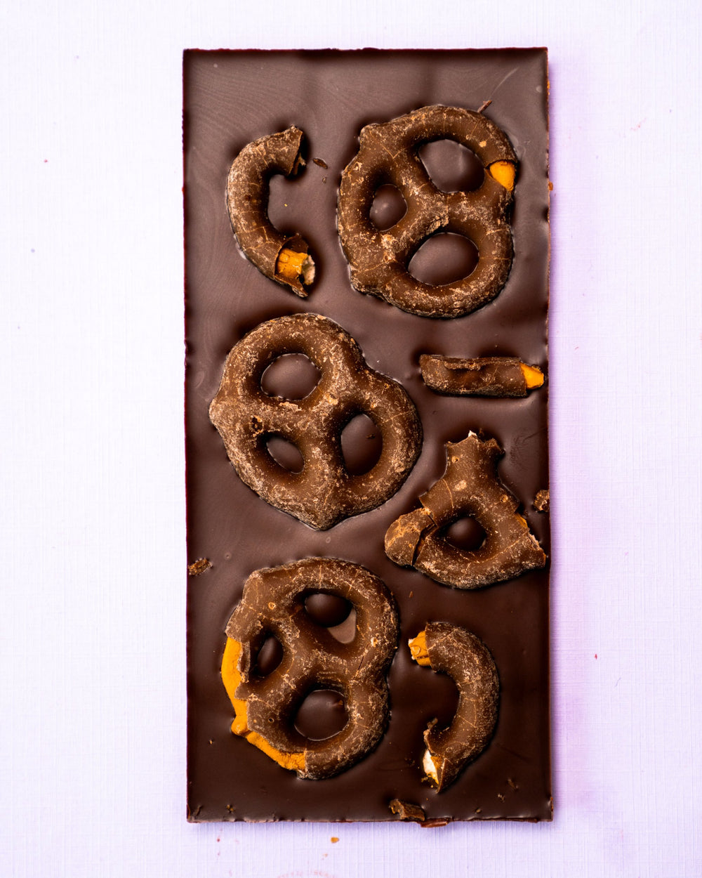 Chocolate Covered Pretzels 70% bar, pretzel side