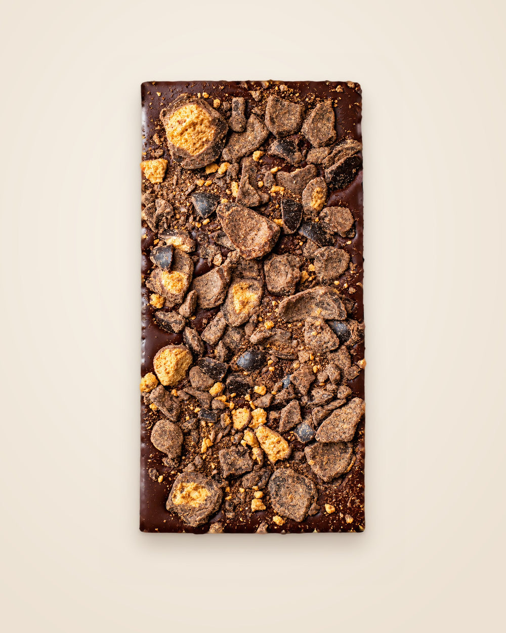 Malted Milk Ball 85% bar topped with crushed malted milk balls, from above