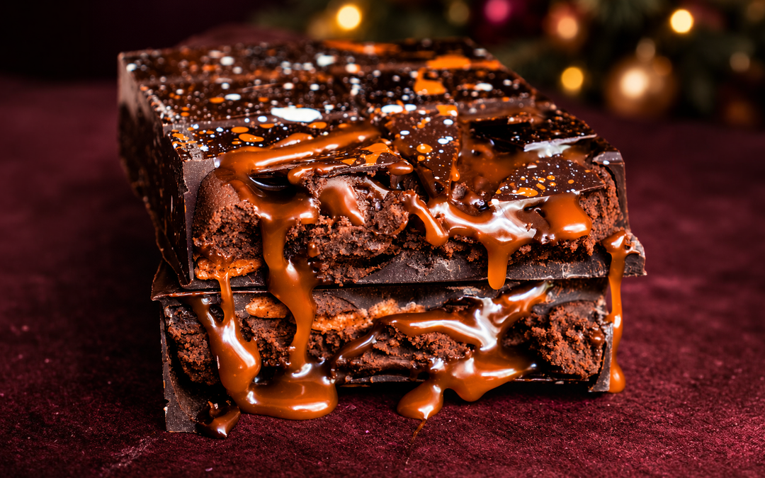 A Stone Grindz STUFFT bar broken open, caramel running down its layers