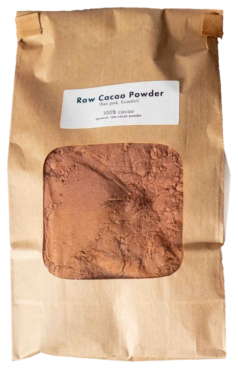 Raw cacao powder in a kraft bag, labeled San José, Ecuador