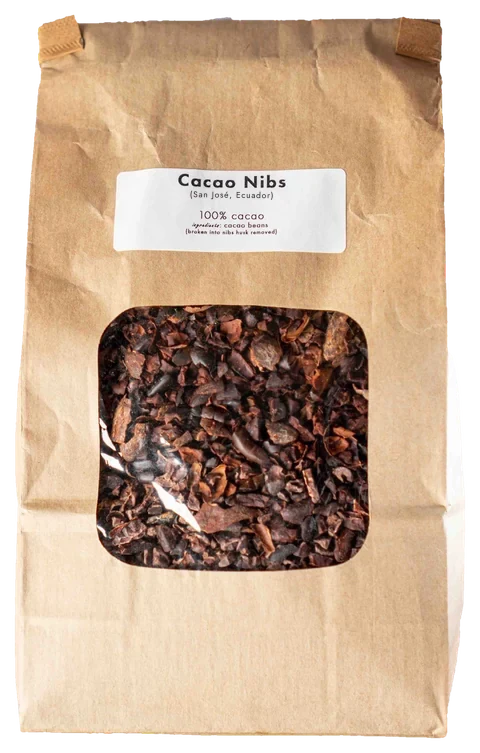 Cacao nibs in a kraft bag, labeled San José, Ecuador