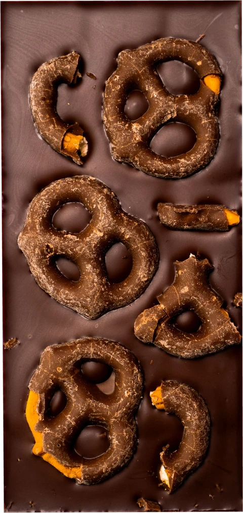 Chocolate Covered Pretzels 70% bar, pretzel side