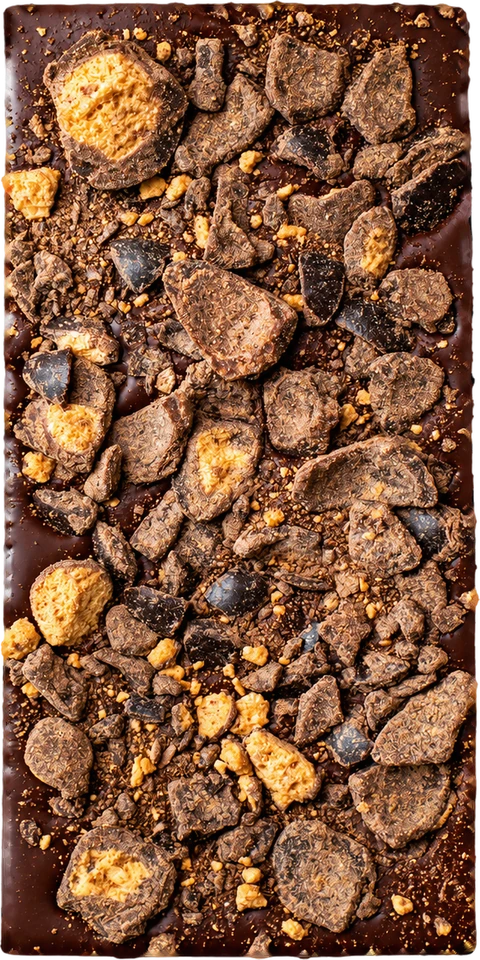 Malted Milk Ball 85% bar topped with crushed malted milk balls, from above
