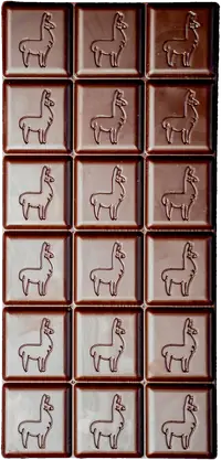 Ucayali 70% dark chocolate bar, unwrapped, with the llama mold on every square