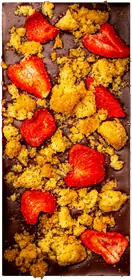 Strawberry Black Pepper Shortcake 70% bar topped with strawberries and shortcake crumble