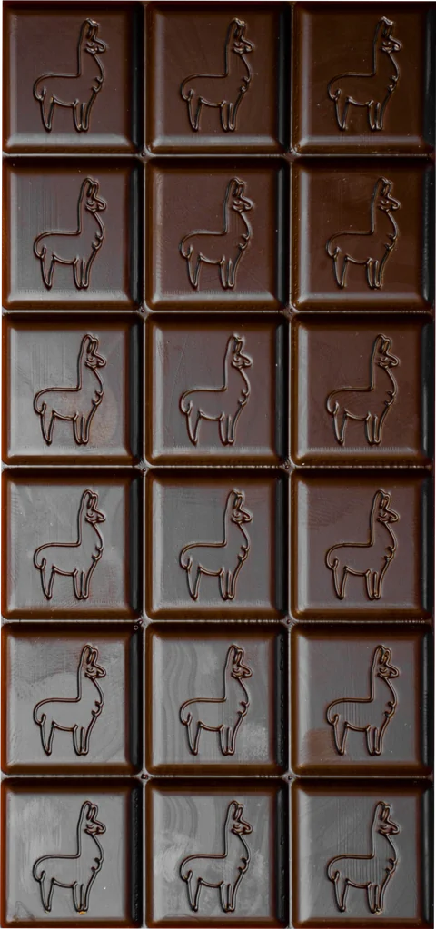 Alderwood Smoked Sea Salt & Roasted Almonds 70% dark chocolate bar with the llama on every square, from above